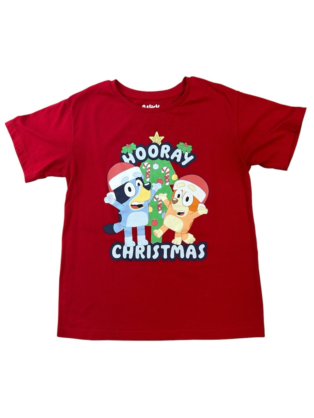Kids Bluey and Bingo Red 'Hooray Christmas' Graphic Tee- Shirt Size M 7/8